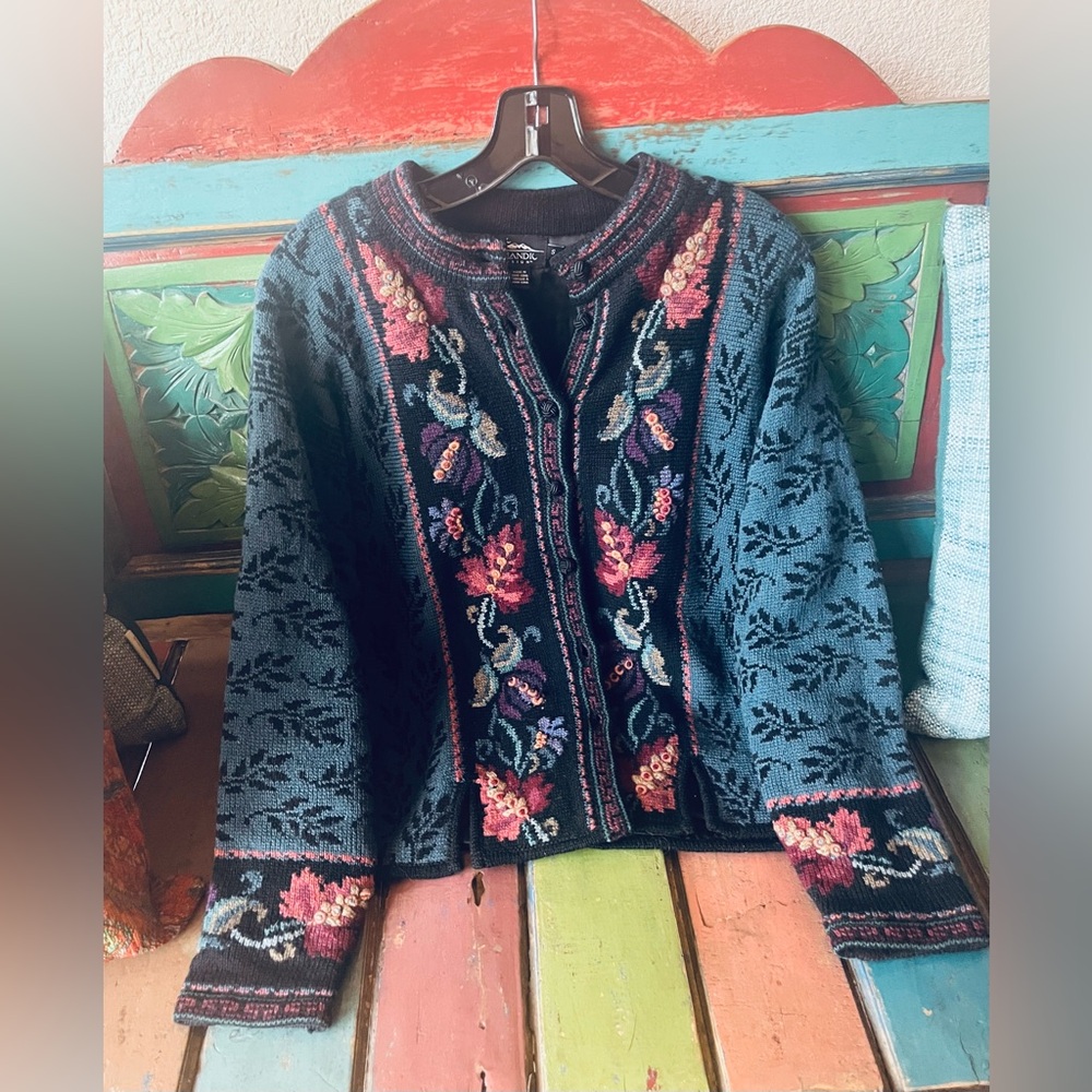 Exquisite Icelandic Design Blue and Black Patterned Sweater-jacket